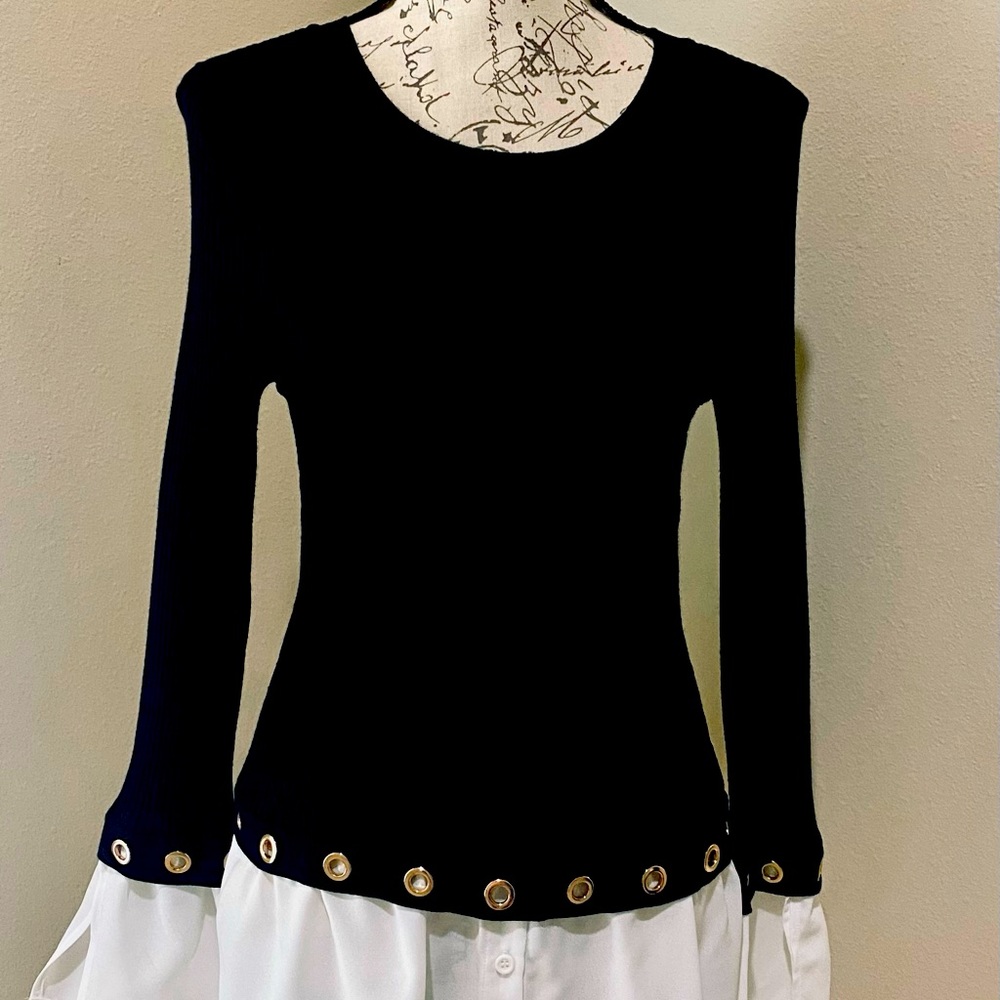 FUN Large Black INC Sweater with Mock White Blouse and Cuffs